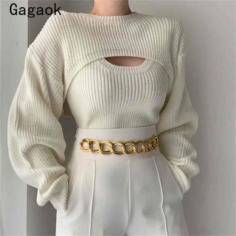 Gagaok Round Collar Long Sleeve Women Knitted Tops Korean Fashion Sweater Spring Vintage Female Pullover Drop 210914