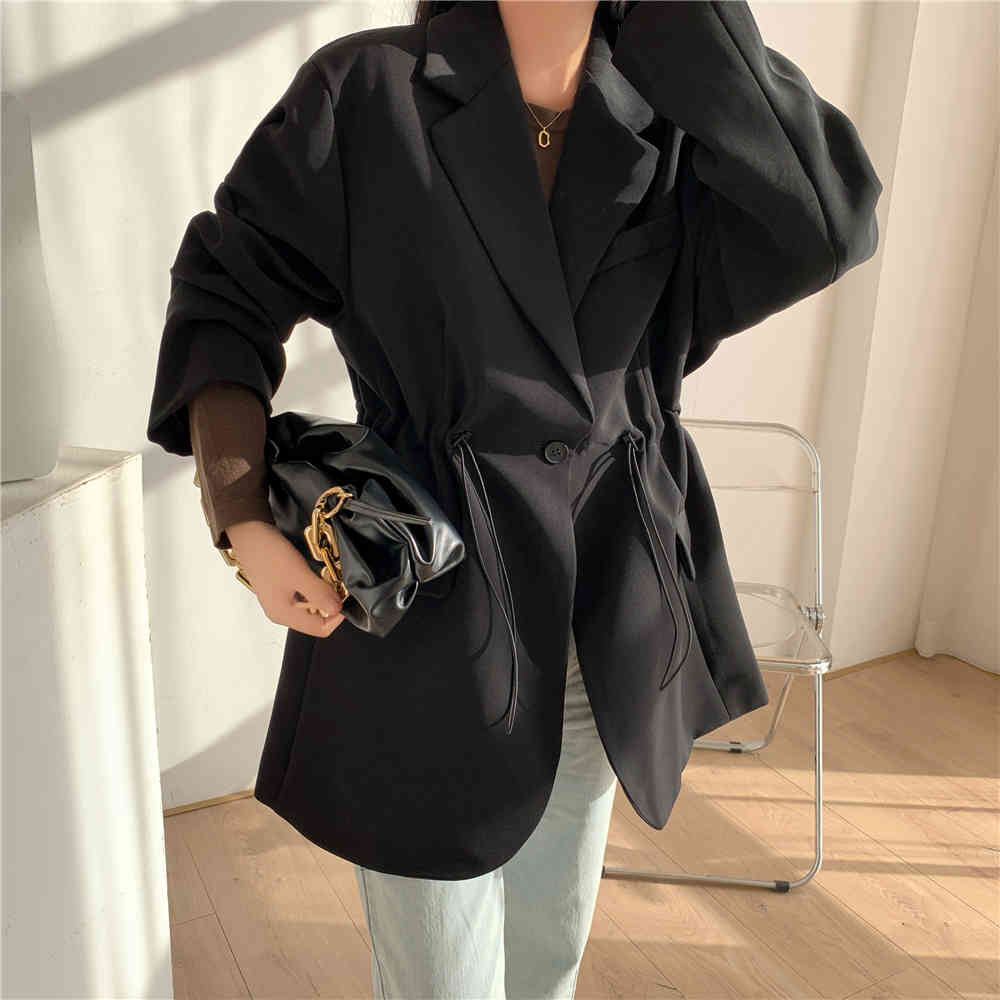 OL Notched Vintage Solid Drawstring Waist Blazer Jacket Autumn Winter Formal Women Blazers Suit Coat Female 210421
