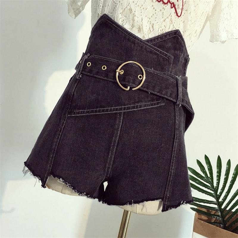 Women Plus-Size Shorts Loose High Waist A-line Jeans Short Vintage Solid Side Zipper Sashes Asymmetrical Female Denim Women's