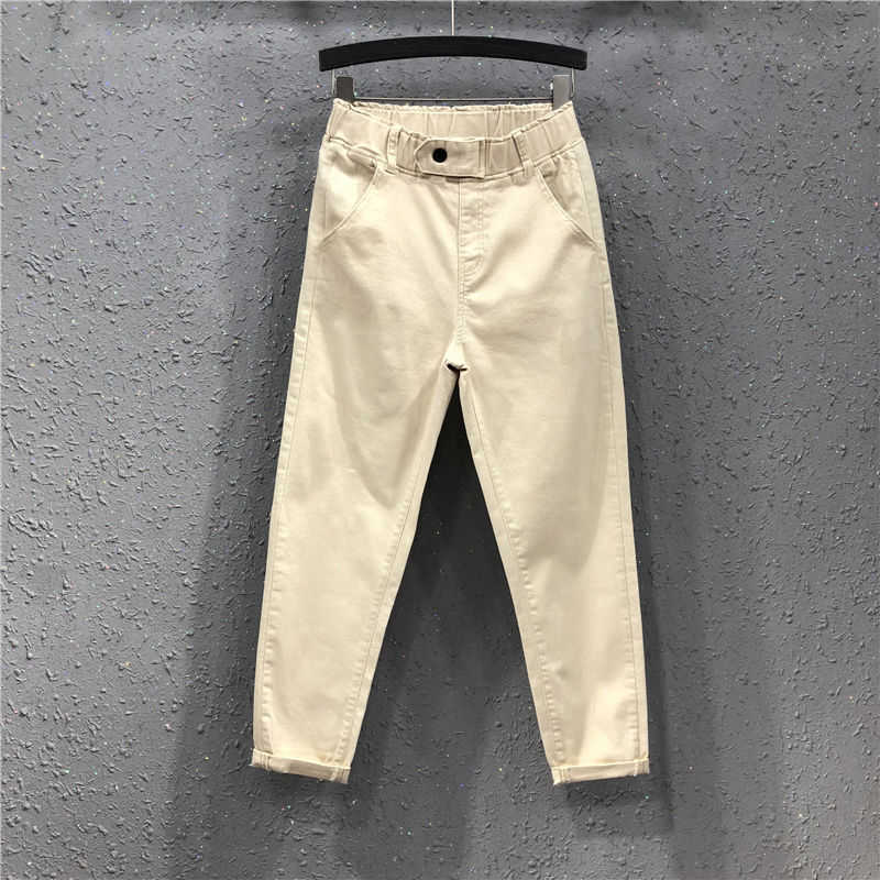 Spring Summer Women Anklelength Pants Plus Size Solid Cotton Denim Loose Harem White Black Elastic Waist Jeans M3XL D68 210922
