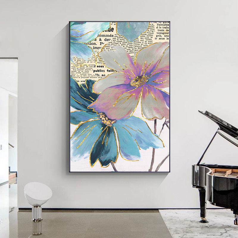 Nordic Style Art Cuadros Prints Wall Decorations Canvas Paintings Pink Blue Flowers Poster Gold Lines Floral Room Home Decor