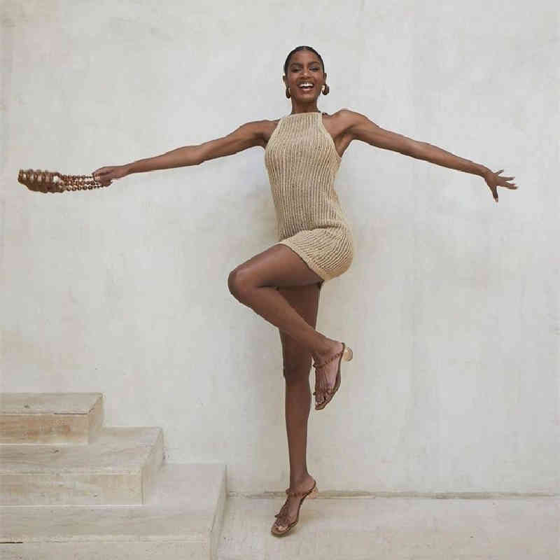 Sexy Striped Bikini Cover-ups Blue Crochet Tunic Elegant Sleeveless Women Summer Dress Beach Wear Swim Suit Cover Up Q1255 210420