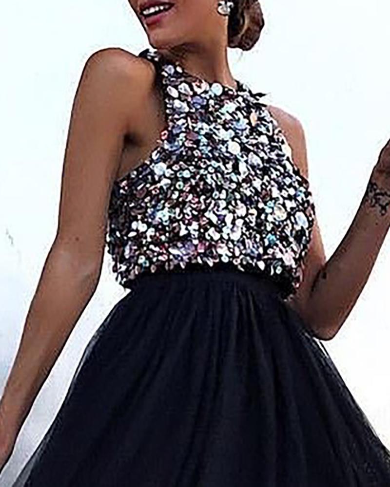 Women Spring A Line Party Dress Sleeveless Sequins Colorblock Mesh Insert Ruffles Ruched Dress Elegant O Neck Sweet Vestidos 210415