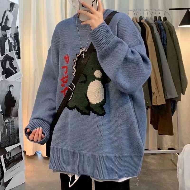 Man Women Cartoon Knitted Sweater Hit Color Loose Pullover Tops Harajuku Jacquard Knit Pullovers Jumper 210519