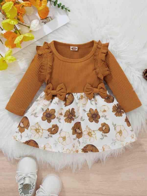 Baby Floral Print Ruffle Trim Bow Dress SHE