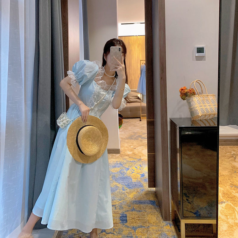 Kawaii Vintage Dress Women Puff Sleeve Lace Elegant Dress Evening Party Fairy Dress for Females Korean Style Summer Casual 210521