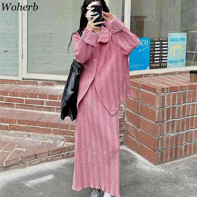 Summer Loose All Match 2 Pieces Set Women Thin Plaid Blouse Coat + High Waist Long Skirts Korean Streetwear Outfits 210519