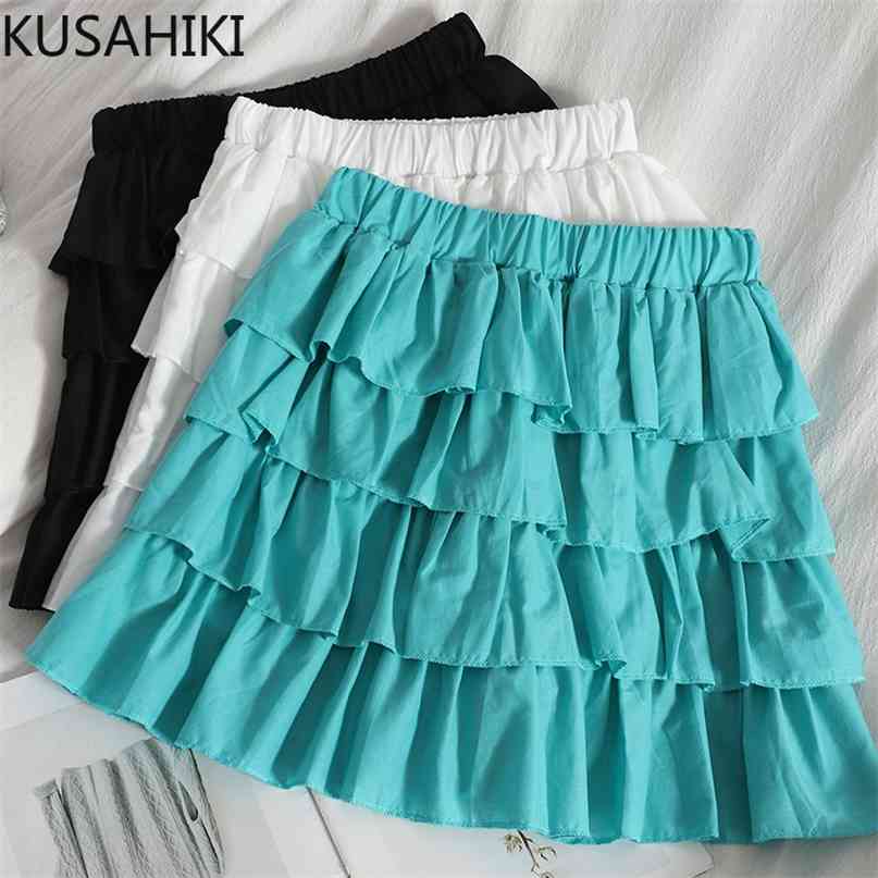 Korean Sweet Layered-ruffle Woman Skirts High Waisted A-line Mini Skirt Summer Causal Solid Mujer Faldas 6H548 210603