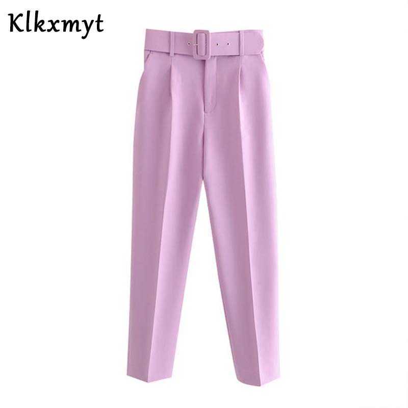 Elegant Office Wear Purple Pant Women with Belt Sashes Pockets High Waist Suit Pants Fashion Female Casual Chic Trousers 210527