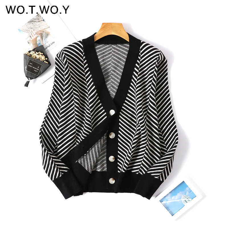 WOTWOY Single Breasted Stripe Cropped Cardigan Women Botton Up Cotton Sweaters Autumn Winter Casual Knitwear Female V-Neck 210914