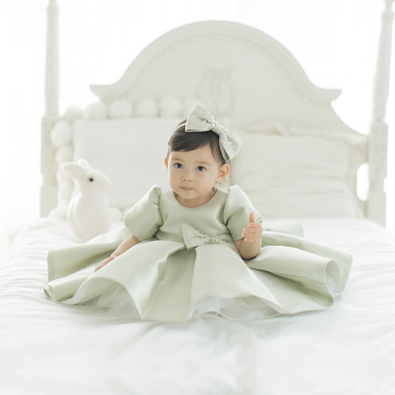 Cute Jewel Handmade Flower Girls Dresses Bow Belt Bead Princess Kids Floor Length Bridesmaid Dress Girl Pageant Ball Gown