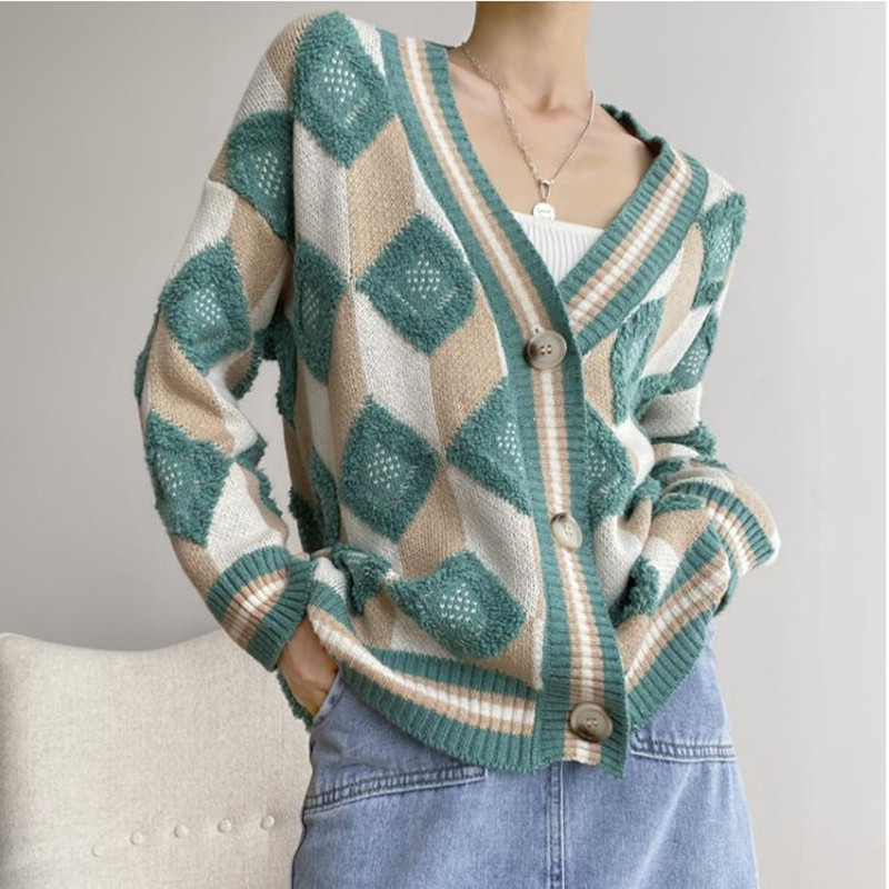 Autumn Winter V-neck Single-breasted Knitted Sweater Coat Vintage OL Oversized Thick Knit Cardigan Tops Sweaters 210421