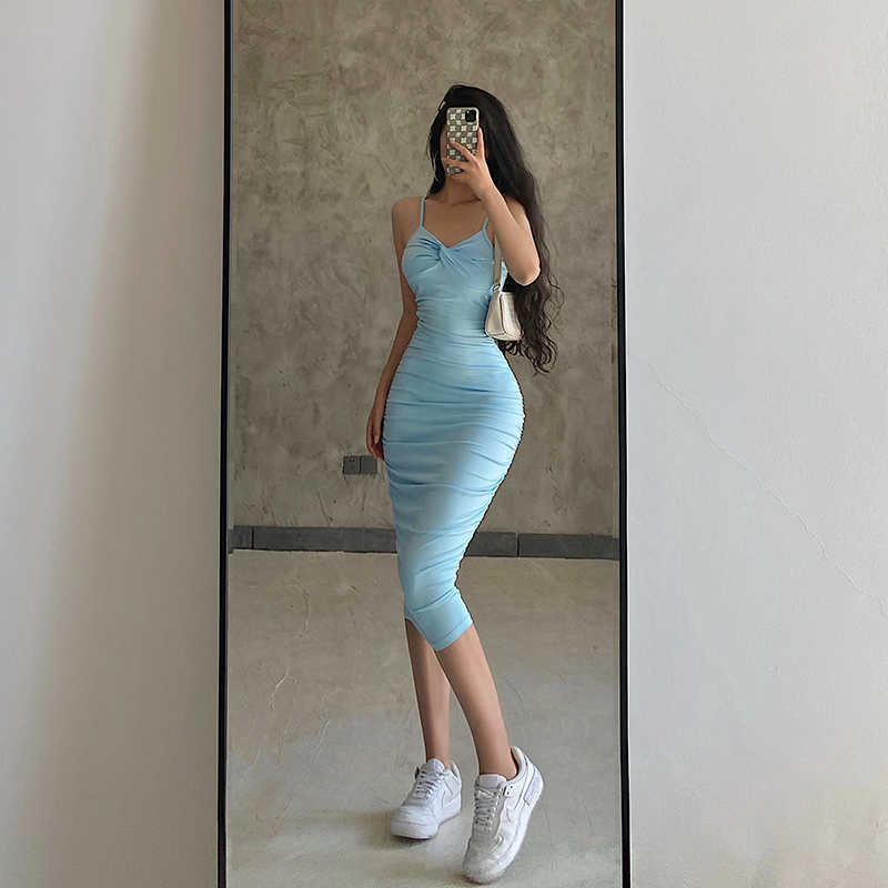 WOMENGAGA V-neck Sexy Skinny Hip Slimming Solid Color Mid-length Dres Spaghetti Strap Knee-Length Dresses IJJD 210603