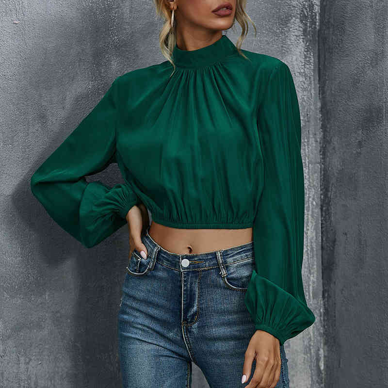 Foridol Spring Autumn Ladies Blouse Shirts Women Clothing Long Sleeve Green Crop Tops Turtleneck Office Elegant Tops 210415
