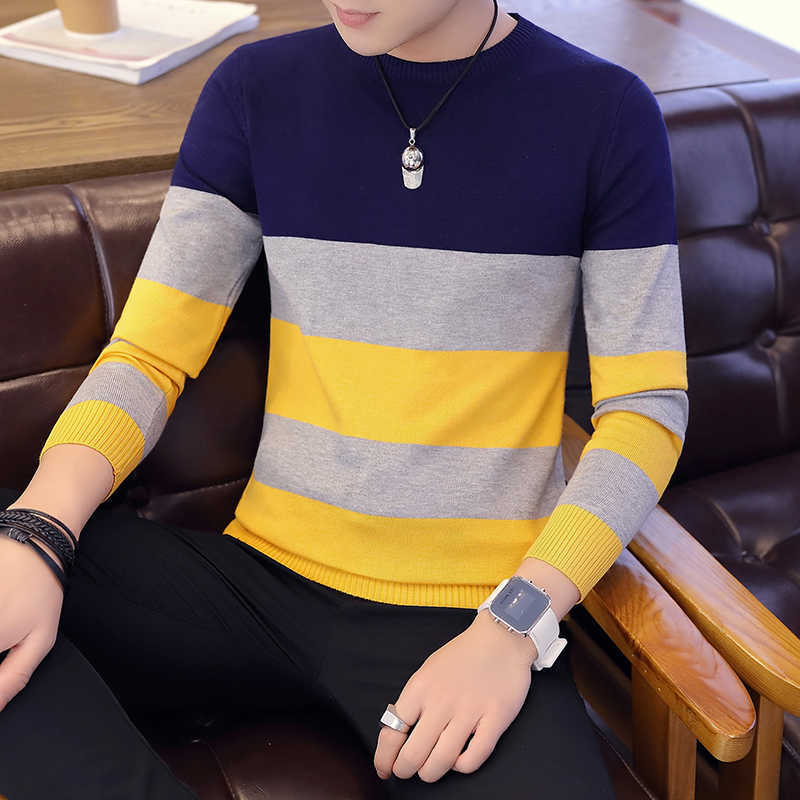 Spring Autumn Men Sweater Big Stripe Streetwear Casual Slim Fit Male Clothing Long Sleeve Knitted Pullovers O-Neck C252 210818