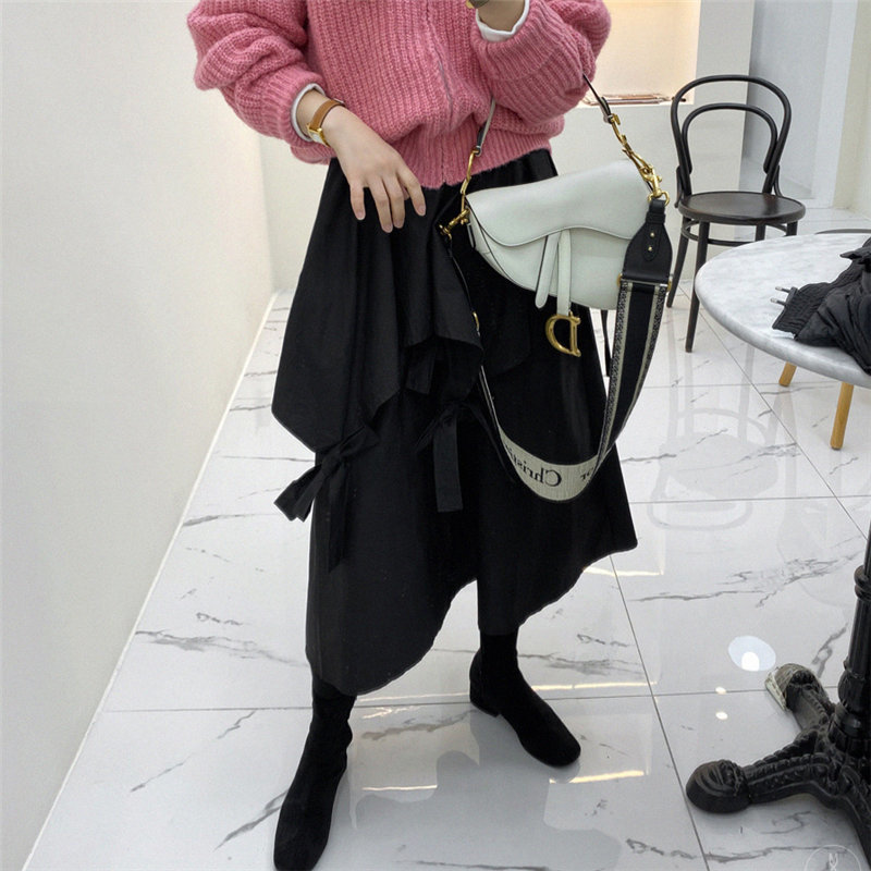 Black Bow Loose Elastic-Waist Solid High Waist A-Line Sweet Bottoming Brief Elegant Women OL Sexy Long Skirts 210421