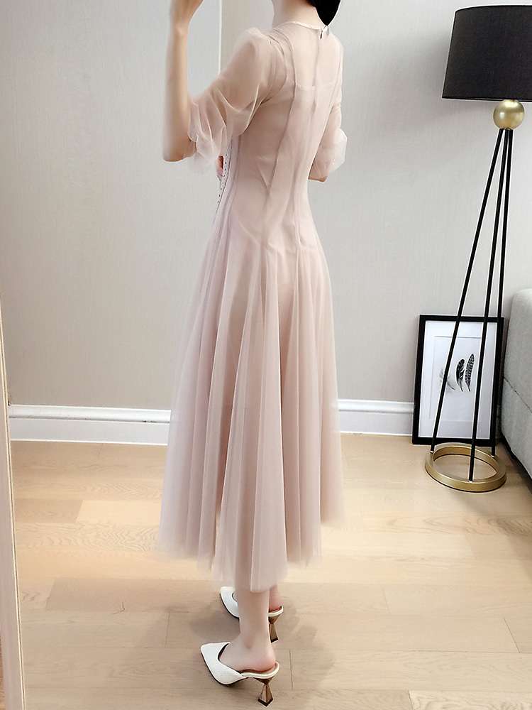 Spring Fashion Women Office Lady Mesh O-Neck A-line Dress Female Elegant High Waist Casual Midi Long Vestidos 210519