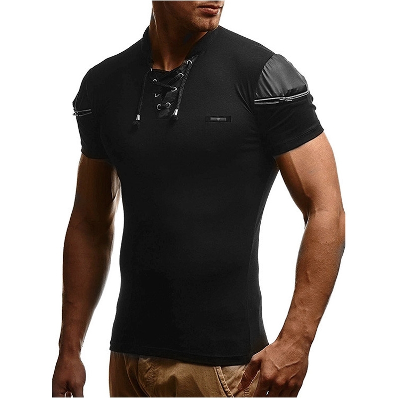 Mens Sexy Bandage Hollow Out White V Neck T Shirt Male Patchwork Leather T-shirt Men Hip Hop Streetwear Zipper Camisetas Hombre 210629