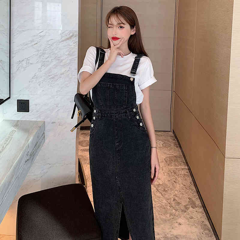 Fashion Streetweaer Vintage Button Denim Spaghetti Strap For Women Summer High Waist Split Elegant Dress 210515