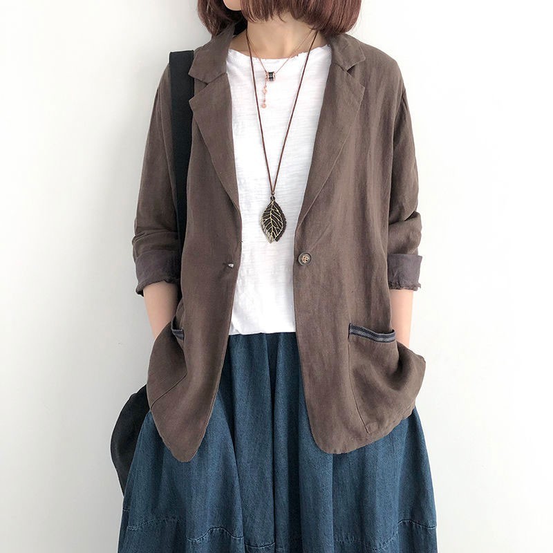 Autumn Arts Style Women Long Sleeve Single Button Loose Casual Blazer Double Pocket Vintage Linen Femme Coat M252 210512
