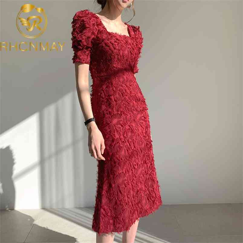 Korean Chic Summer Women Dress Square collar Heavy Industry Feather Tassel Slim High waist Mid-length Bag Hip Female 210506