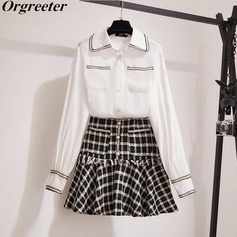 Fashion Women 2 Piece Set Lapel Trim Patchwork Chiffon Shirt Top + Single-Breasted Tassel Plaid Mermaid Mini Skirt Suit 210525, White
Fashion Women 2 Piece Set Lapel Trim Patchwork Chiffon Shirt Top + Single-Breasted Tassel Plaid Mermaid Mini Skirt Suit 210525, White
