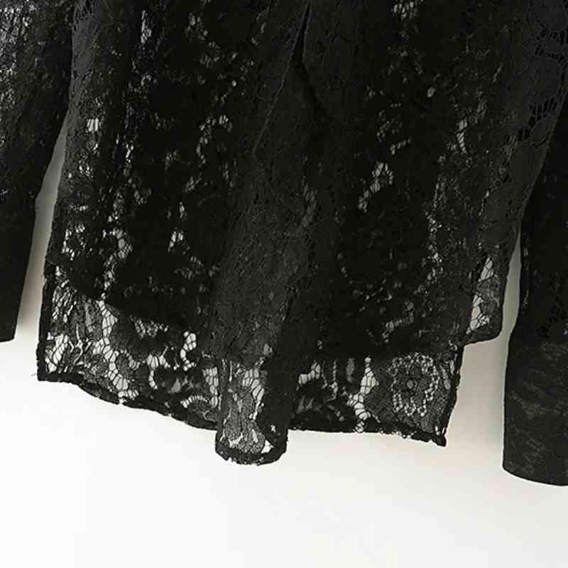 Women Bow Tie Hollow Out Lace Black Blouse Female Long Sleeve Shirt Casual Lady Loose Tops Blusas S8317 210430