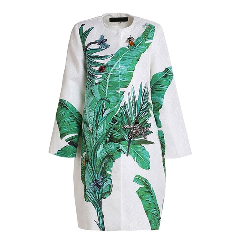 Fashion Runway Summer Coat Women's Long Sleeve Floral Print Crystal Beading Casual Outerwear Overcoat 210522