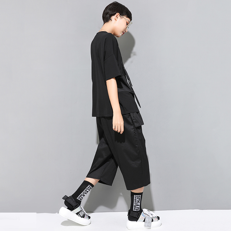 EAM Women Black Contrast Color Split Big Size Tshirt Round Neck Half Sleeve Fashion Spring Summer 1U136 210406