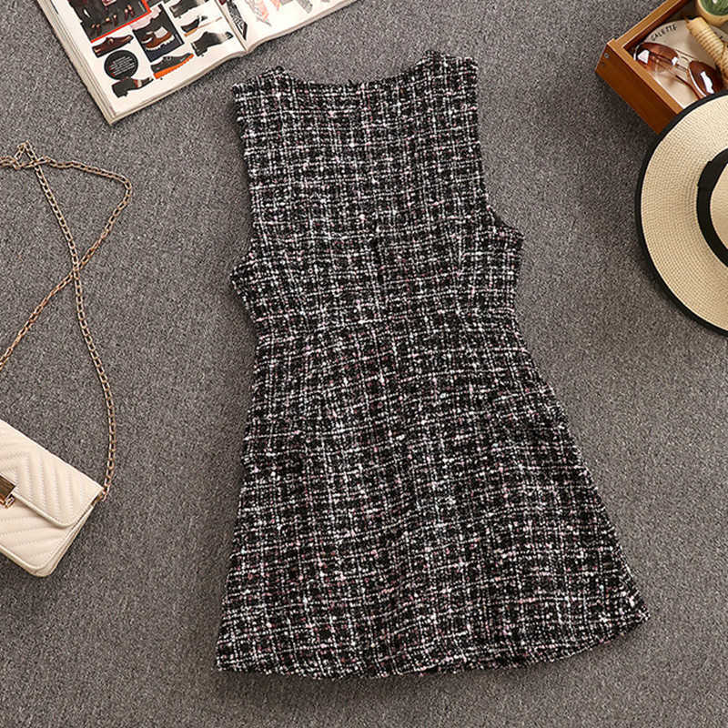 Autumn Winter 2 Piece Set Overalls Dress Women Elegant Ruffles Chiffon Bow Shirt Top+Double Breasted Plaid Tweed Vest Dress 210630