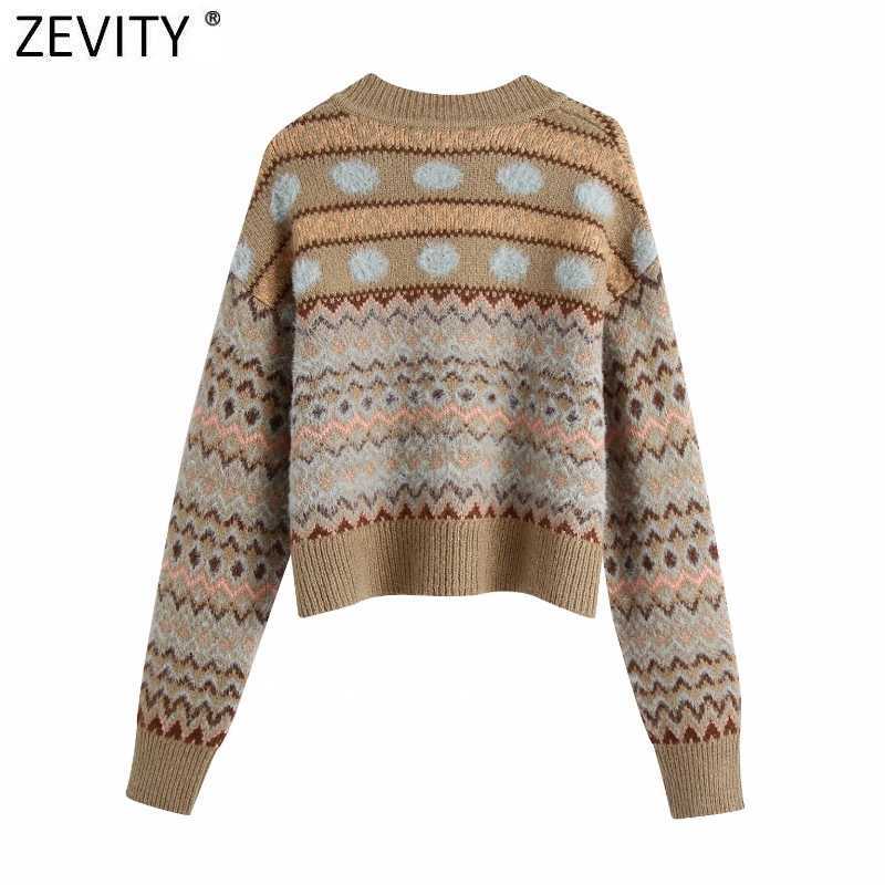 Zevity Women Vintage V Neck Long Sleeve Print Short Knitting Sweater Female Retro Patchwork Casual Chic Pullovers Tops S522 210603