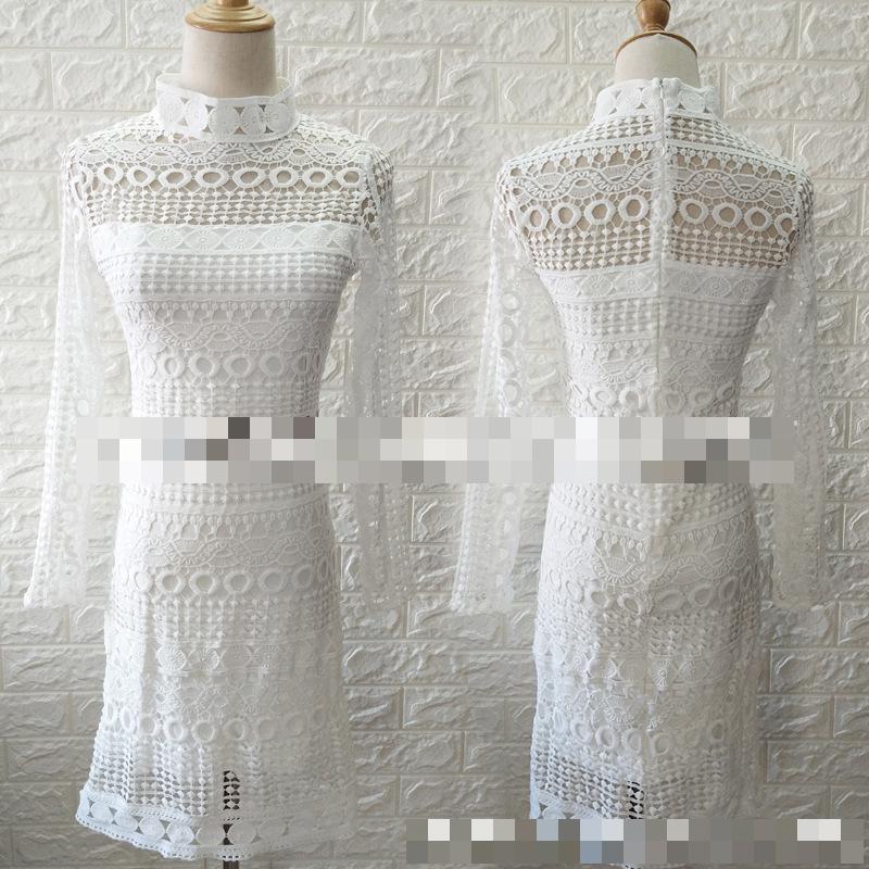 Women Dress Stand Collar Ruffle Hem White Lace es Hollow Out Long Sleeve Sexy Plus Size Bohemian es 210524