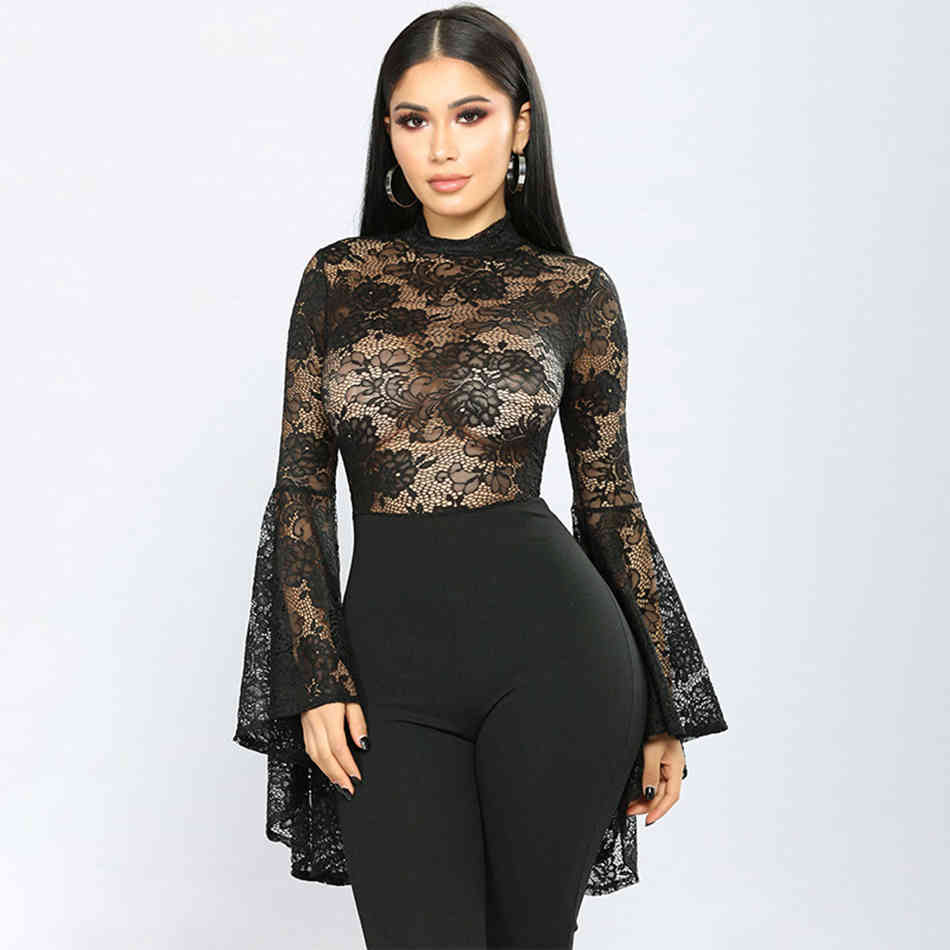 Free Sexy Hollow Lace Bandage Jumpsuit Runway Women's O-neck Red Black Bodycon Flared Sleeve 210524
