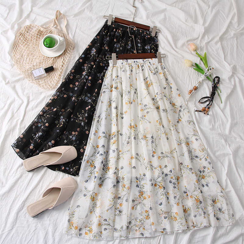 SURMIITRO Long Maxi Elegant Skirt Women Spring Summer Korean White Black Floral Print High Waist Sun School Female 210619