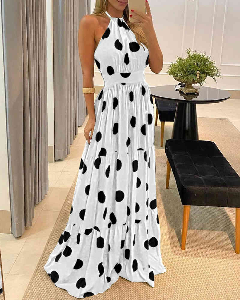 Spring Summer Women Halter Dot Print Maxi Dress New Femme Bohemian Backless Beach Wearing Lady Casual Sleeveless Outfit 210415