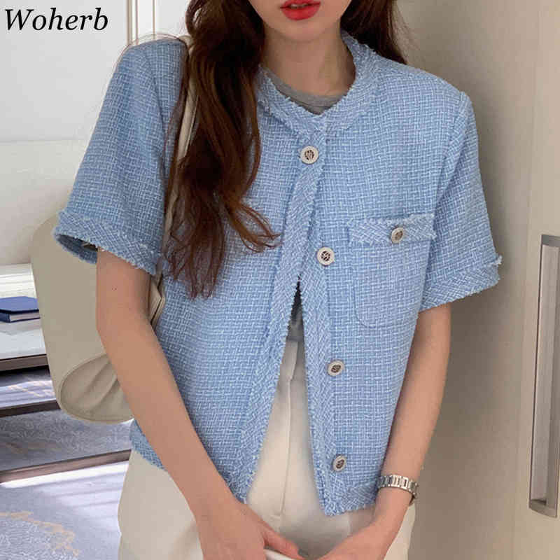 Tweed Korean Vintage Women Coat Summer Short Sleeve O-neck Single Breasted Pockets Ladies Fashion Jacket Tops Femme 210519