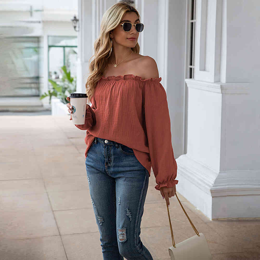Tops And Blouses Women Casual Loose Solid Green Ruffle Off Shoulder Cotton And Linen Ladies Shirts Fashion Spring Autumn 210415