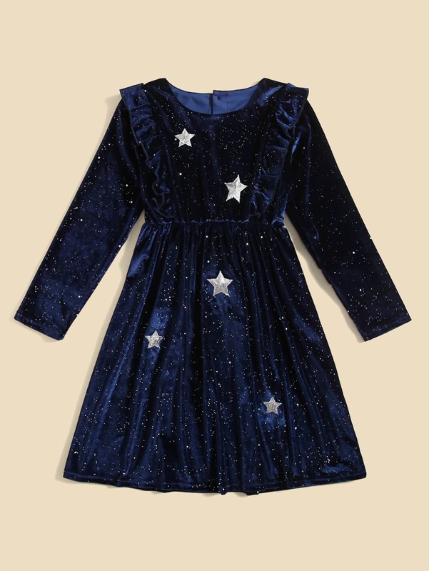 Girls 1pc Sequin Insert Star Pattern Ruffle Trim Velvet Dress SHE