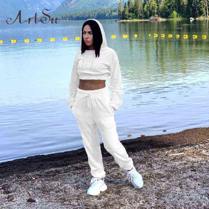 Artsu Flannel 2 Two Piece Set Sport Suit Pink Fleece Crop Top Hoodies Sweat Pants Women Matching Sets Clothing Outfit Sportswear 211105