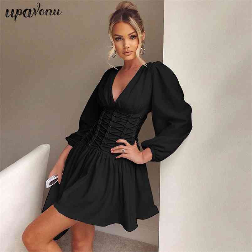 Free Women Sexy Dress Black V-neck Lantern Long Sleeve Lace-UpA Line Mini Celebrity Club Party Vestidos 210524