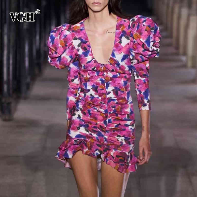 VGH Sexy Slim Ruched Dress For Women V Neck Puff Long Sleeve High Waist Print Hit Color Vintage Dresses Female Spring New 210421