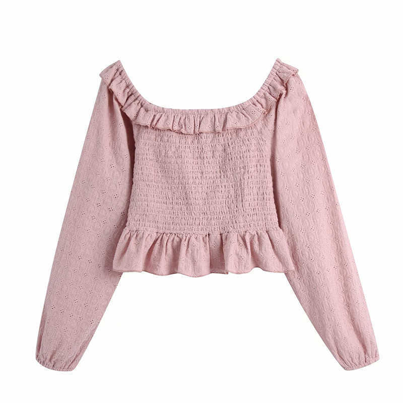 Sweet Women Solid Elastic Short Shirts Fashion Ladies Ruffles Square Collar Blouses Elegant Female Hollow Out Shirt 210527