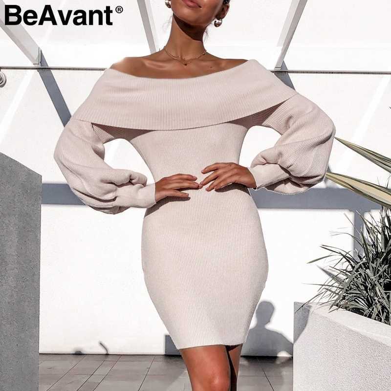 BeAvant Elegant off shoulder women dress Sheath puff sleeve female knitted party dress Solid autumn ladies chic office vestidos 210709