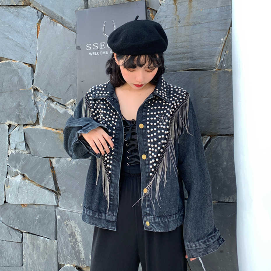 Short Heavy Industry Denim Jacket Female Autumn Winter Loose Beaded Diamond Tassel Jeans Coat Women Plus Size Outwear 210601