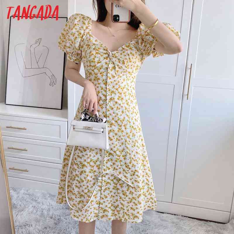 Summer Women Yellow Floral Print French Style Puff Short Sleeve Ladies Midi Dress Vestidos 5Z79 210416