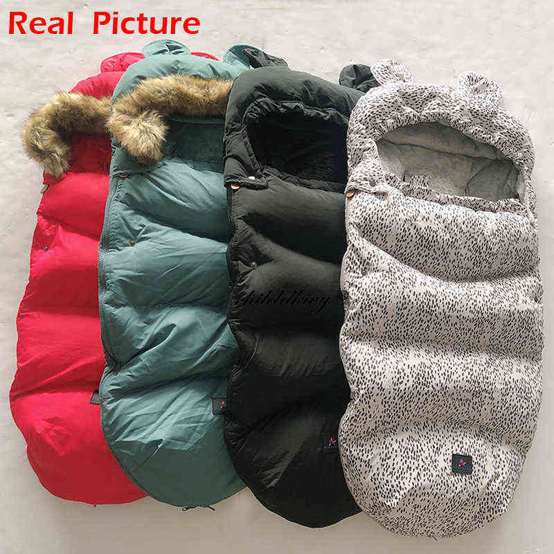 Winter Baby Stroller Sleeping Bag Cute Ear Sleepsack For Infant Warm Thick Plus velvet Footmuff born Wheelchair Envelopes 210816