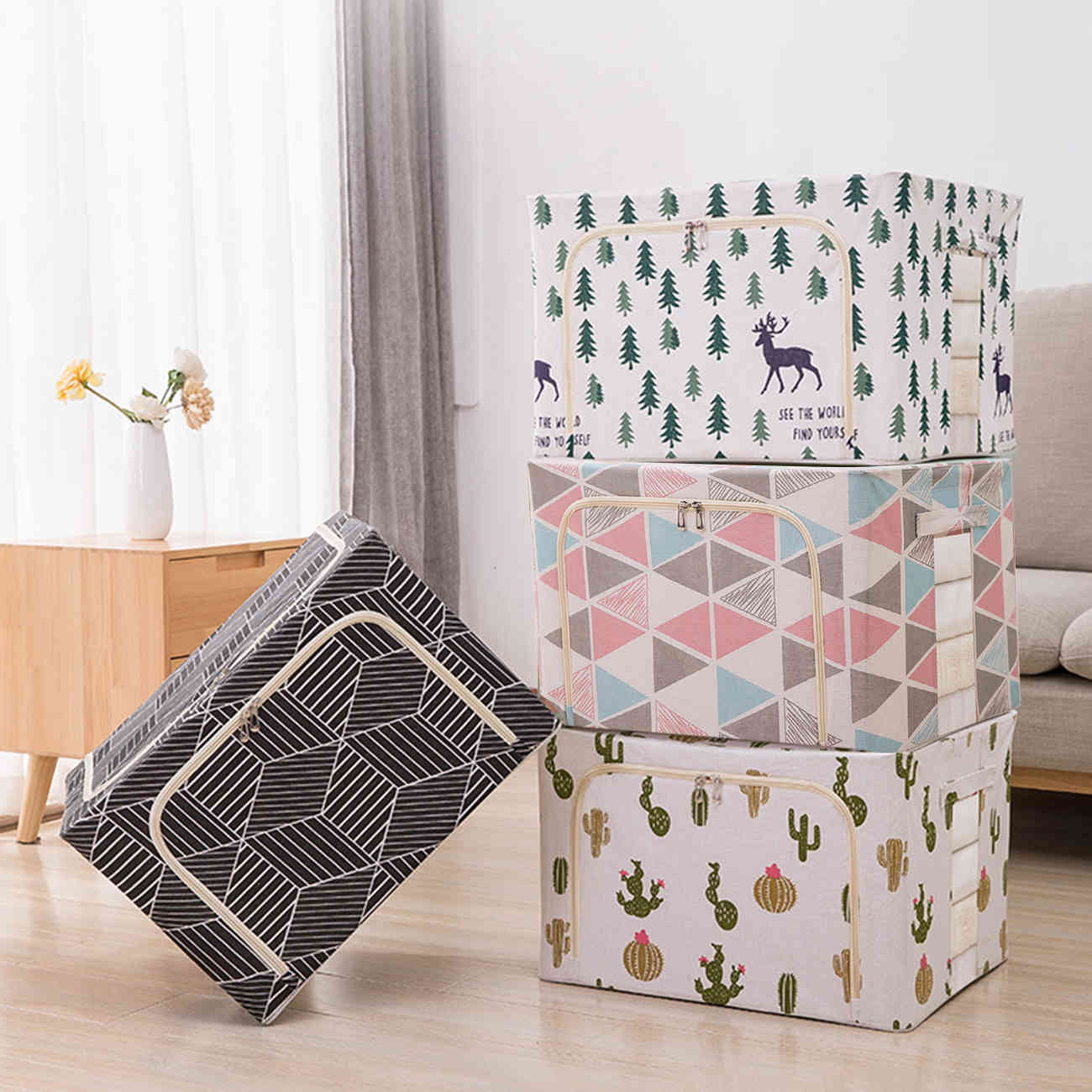 Bedspread Clothes Storage Box, Large Capacity Organizer, Cotton Linen Closet, Foldable Steel Frame, Sweater with Clear Window