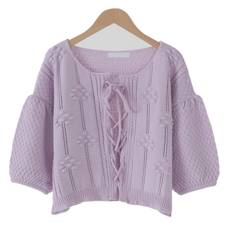 Stereoscopic Balls Knitted Cardigan Sweater Women Puff Sleeve O-neck Lace Up Tops Vintage Korean Fashion Ladies Jumpers 210514