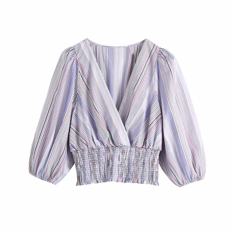 Sweet Women V Neck High Waist Blouse Spring-autumn Fashion Ladies Street Female Shirt Puff Sleeve Stripes 210515