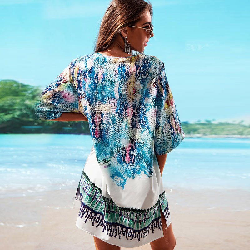 Arrivals Beach Caftan Swimsuit Cover up Print Chiffon Pareo Women Robe Plage Swimwear Dress Sexy Sarong Tunic #Q152 210420